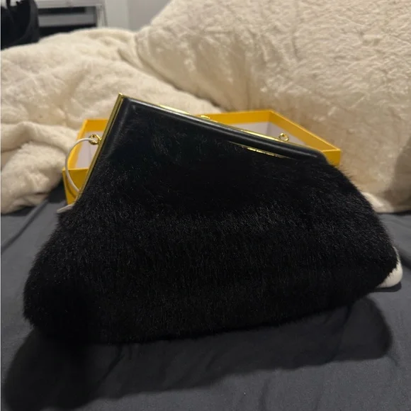 Fendi Black Fur Clutch with Gold Accents - Picture 3 of 5